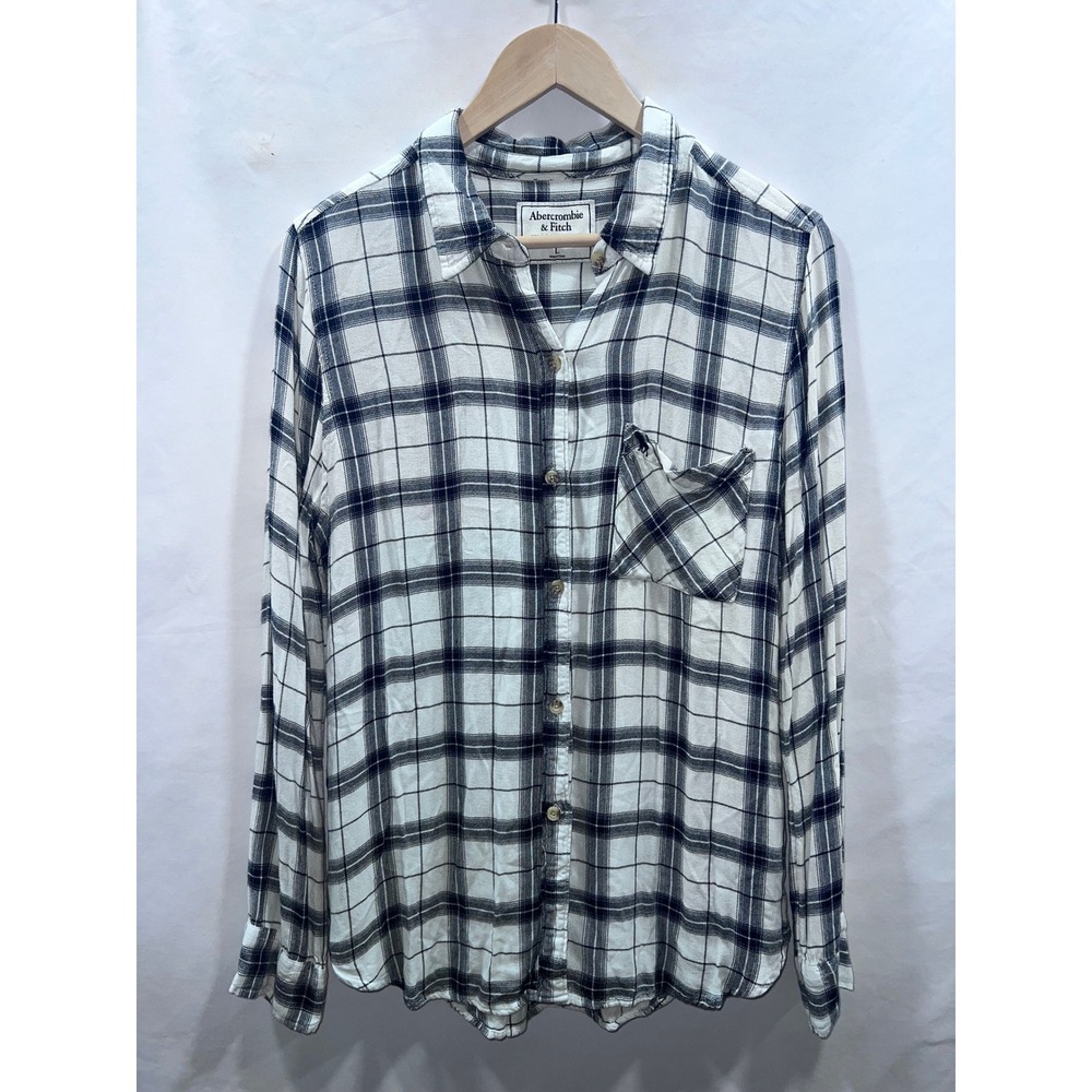 Abercrombie & Fitch Womens Large Plaid Flannel Shirt Black White Button Down Top
